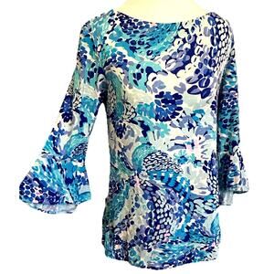 Lilly Pulitzer Floral Blue Top S Tropical Casual 3/4 Bell Sleeve Fontaine Resort